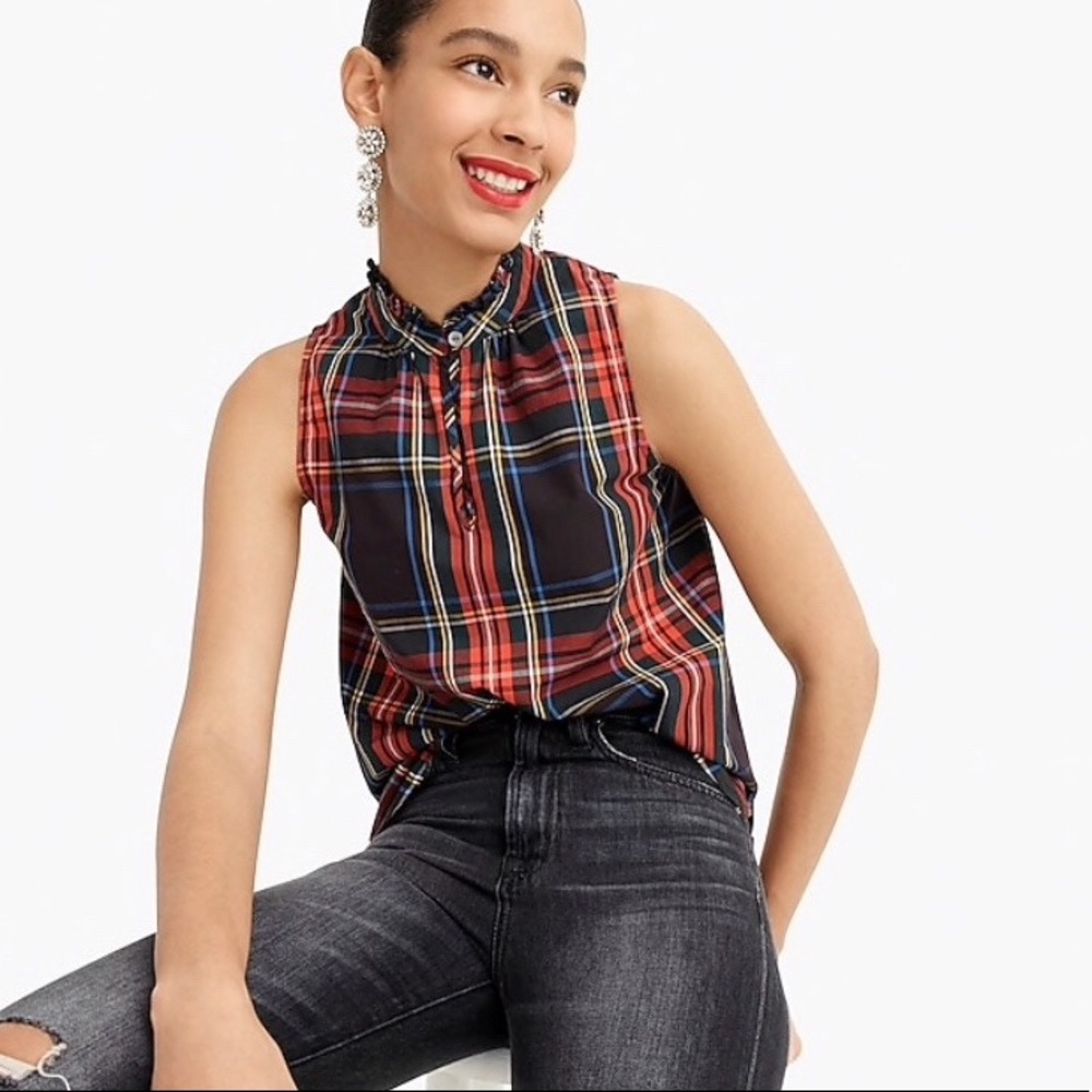 J. Crew ruffle-neck tartan top